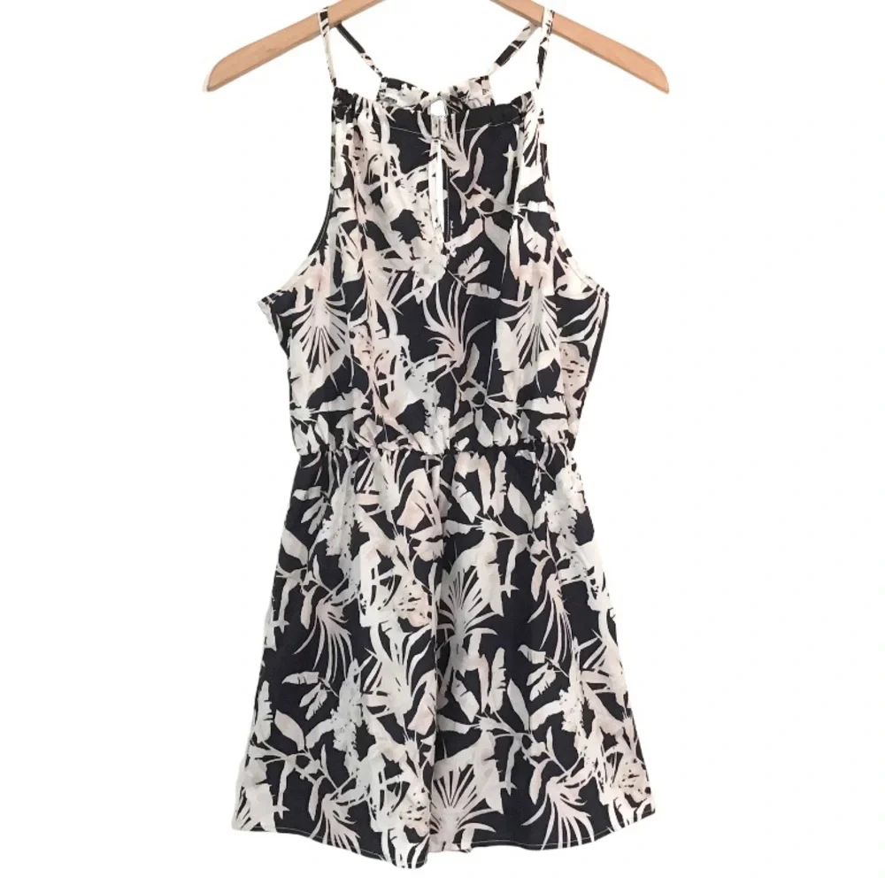 Tropical Print Romper Size S Ties Behind Neck Black & White NEW